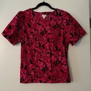 J Crew Floral Short Puff Sleeve Top Size M Vibrant Red Black Print Button Neck